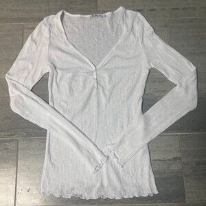 Michael Stars Ribbed Henley Long Sleeve Tee Scalloped Hem Cuffs White One Size